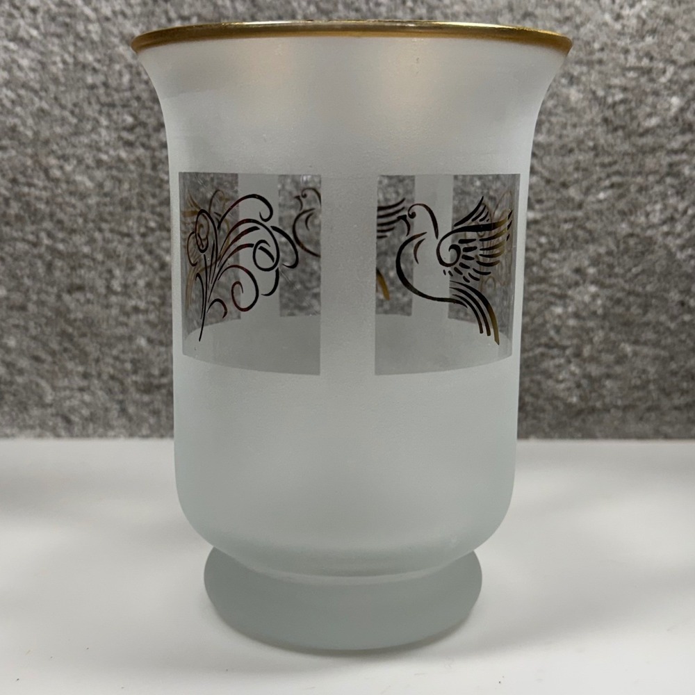 Lenox Frosted Glass Candle‎ Holder Gold Club Handpainted 24K Gold Doves Italy 6"